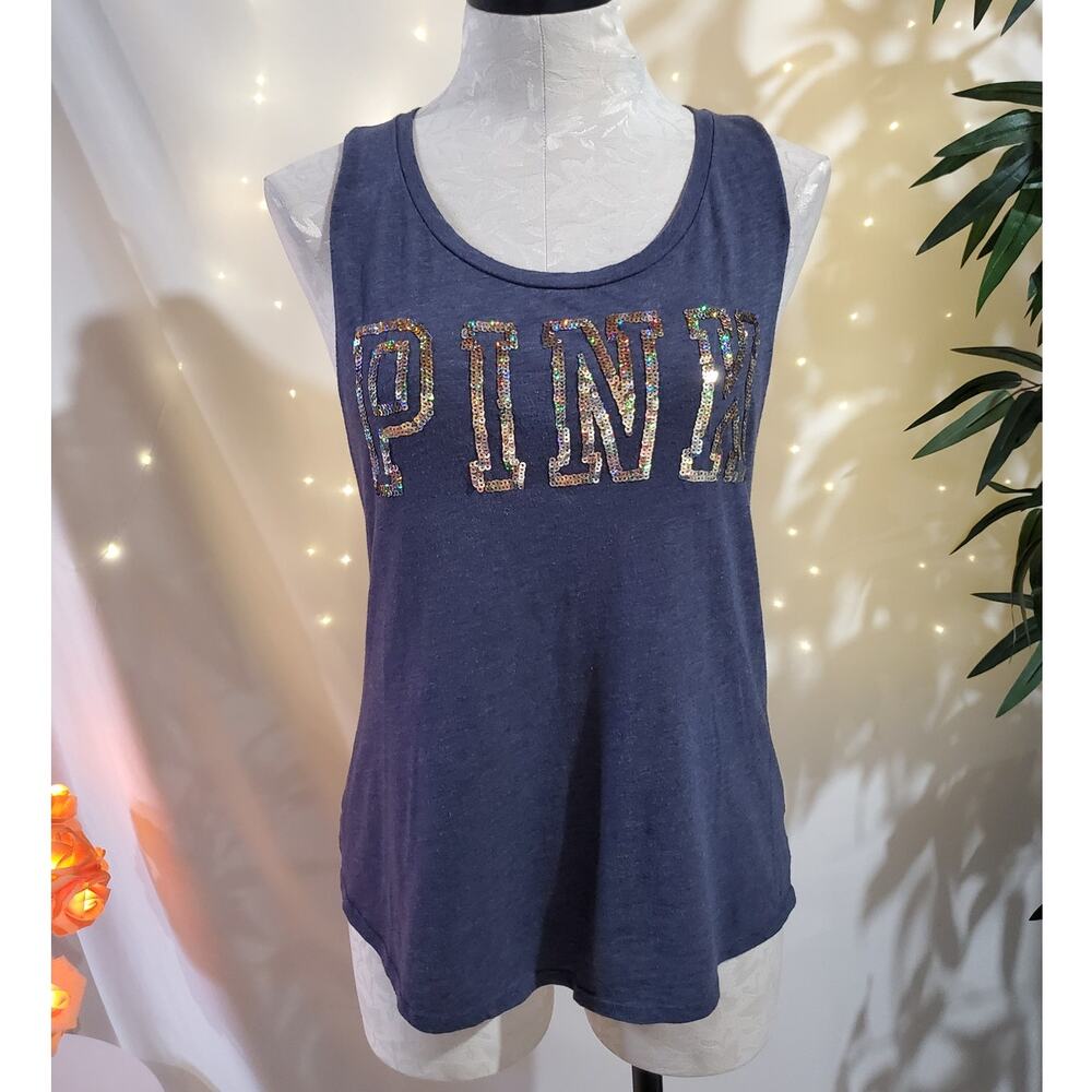 PINK Victoria's Secret Bling Spellout Muscle Tank Top Womens Size S Blue Y2K